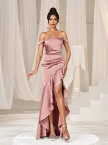 Elisanya Off Shoulder Ruched Front Ruffle Trim Formal Party Dress Elegant Prom Evening Wedding Guest Dress, For Graduation, Dinner
