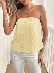 Pariaura 女士性感露肩条纹花卉印花抹胸上衣，秋季 - 黃色 - 查看 6