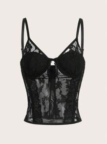 SHEIN X Belinda SHEIN Essnce 女士蕾丝和网眼撞色细肩带吊带背心、紧身胸衣、黑色修身短款上衣、联名女士背心 - 黑色 - 查看 1