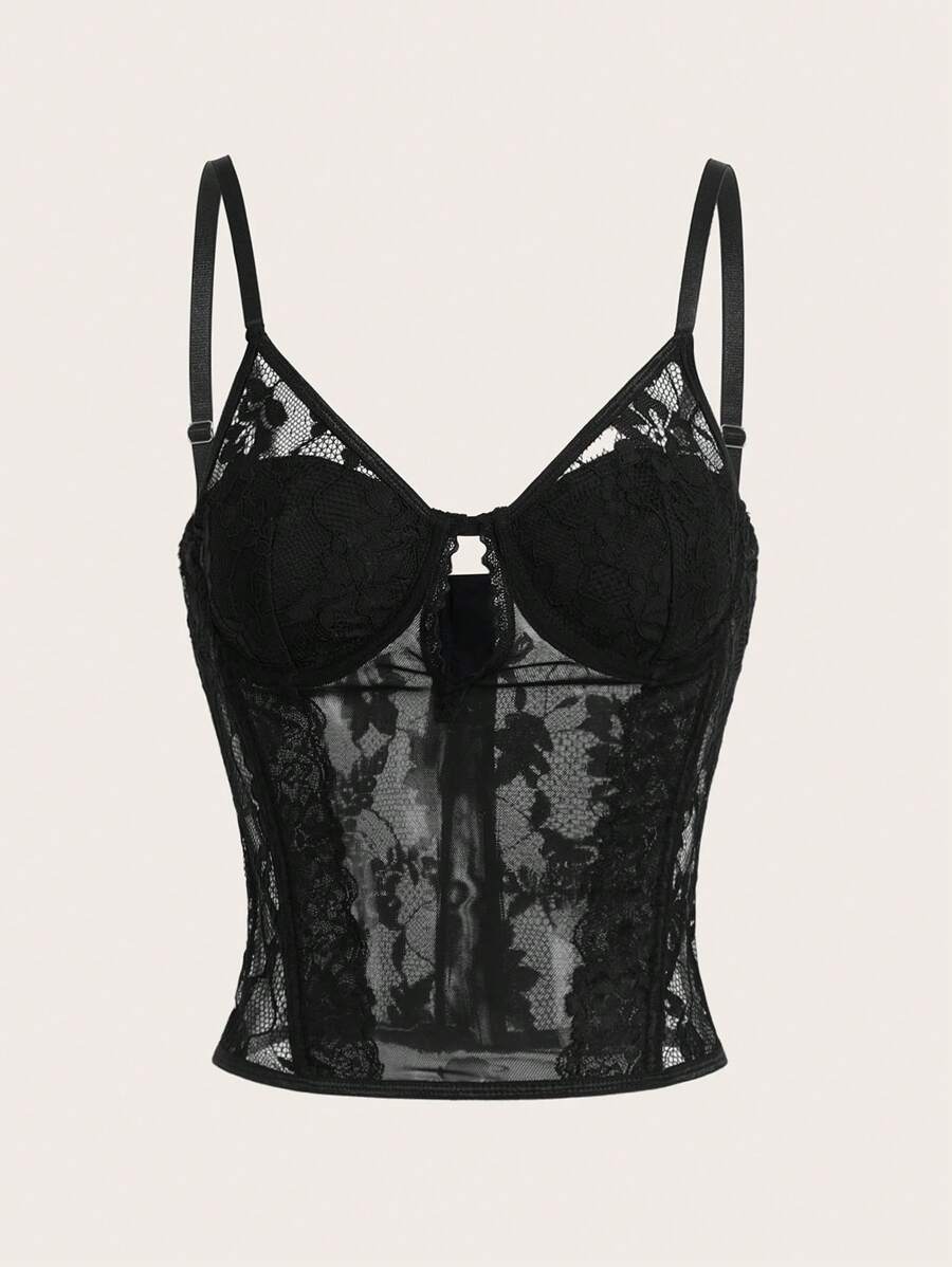 SHEIN X Belinda SHEIN Essnce 女士蕾丝和网眼撞色细肩带吊带背心、紧身胸衣、黑色修身短款上衣、联名女士背心 - 黑色 - 查看 1