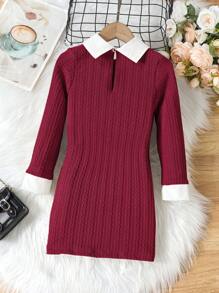 SHEIN 年轻女孩长袖拼色优雅连衣裙 - 酒紅色 - 查看 2