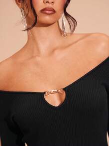 SHEIN X  Ignacia Antonia Glamine Vestido de suéter de unicolor con hombros descubiertos para mujer, ropa de otoño para mujer, elegante y sexy para salir de noche, cita nocturna, negro - Negro - Ver 4