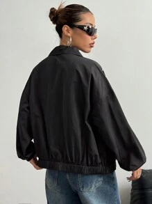StreetHx Letter Print Contrast Trim Casual Jacket - Black - View 5