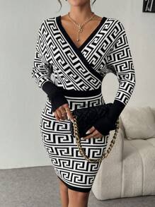 SHEIN Clasi Women V-Neck Long Sleeve All-Over Print Fitted Elegant & Charming Jacquard Sweater Dress - Black and White - View 4