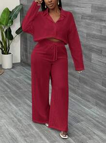 Slaydiva 2pcs Women's Casual Loose White Long Sleeve Cropped Shirt Top And Wide Leg Pants Set - Burgundy - View 4