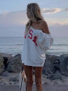 INAWLY Women's Asymmetrical Neckline Cold Shoulder Letter Print Loose Streetwear Sweatshirt Pullover Fall Sweatshirt - White - View 2