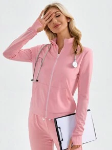 TaskEZ Áo khoác phẫu thuật đồng phục điều dưỡng cổ đứng dài tay màu trơn - Hồng - Xem 4