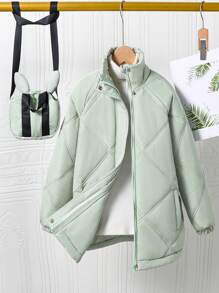Tween Girl Korean Diamond Check Quilted Loose Padded Coat, Winter - Green - View 5