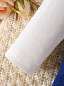 SHEIN Vintaside Kids 女婴甜美简约荷叶边领长袖衬衫，灯芯绒 A 字型花卉刺绣套头衫休闲乡村装套装，秋冬