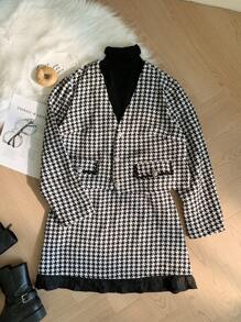 SHEIN Privé 大码女式前扣长袖仿珍珠口袋衬衫和纯色拼布裙套装 - 黑與白 - 查看 3