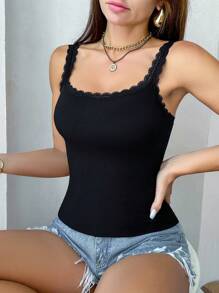 Snug Zone 2pcs/Set Lace Patchwork Solid Color Black Undershirt Tank Top - Multicolor - View 4