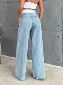 SHEIN Cottnline 100% Cotton ASYMETRIC BUTTON  HIGH WAIST WIDE LEG WOVEN BELT DETAILED - Blue - View 2