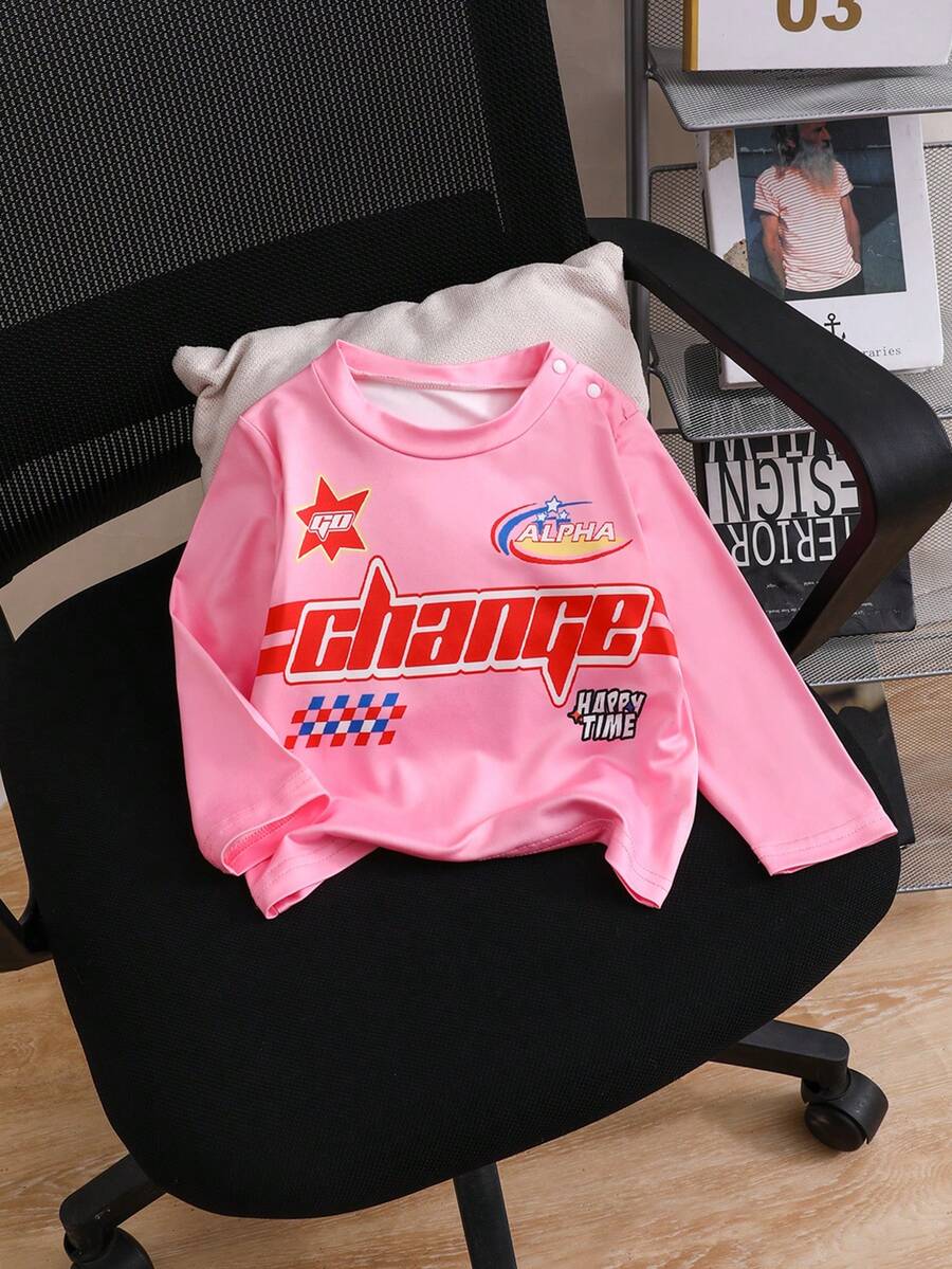 SHEIN 女宝宝时尚街头风格赛车与字母印花圆领长袖休闲上衣 - 粉色 - 查看 1