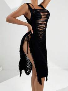 SHEIN Swim 女士黑色方领镂空高开叉长款罩衫连衣裙夏季 - 黑色 - 查看 4