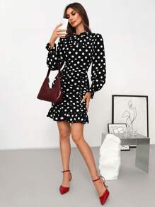 SHEIN Clasi 女士波尔卡圆点印花长袖鱼尾裙，黑白秋季女士连衣裙优雅黑色返校节连衣裙