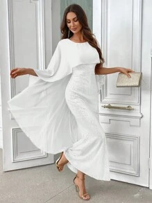 SHEIN Belle Damska cekinowa szalowa elegancka formalna sukienka na bal, biała półformalna sukienka, na urodziny, gości weselnych, przyjęcie z okazji ukończenia szkoły na przyjęcie świąteczne - Biały - Zobacz 4