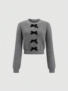 SHEIN Unity Women's Crew Neck Bow Decor Long Sleeve Sweater Y2K, Knit Pullover Fall Winter - Grey - View 1