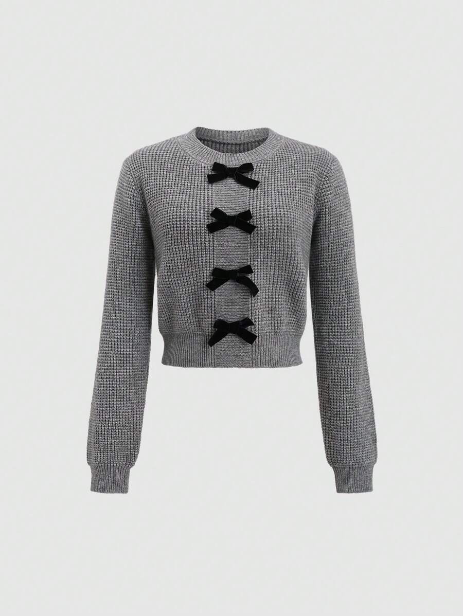 SHEIN Unity Women's Crew Neck Bow Decor Long Sleeve Sweater Y2K, Knit Pullover Fall Winter - Grey - View 1