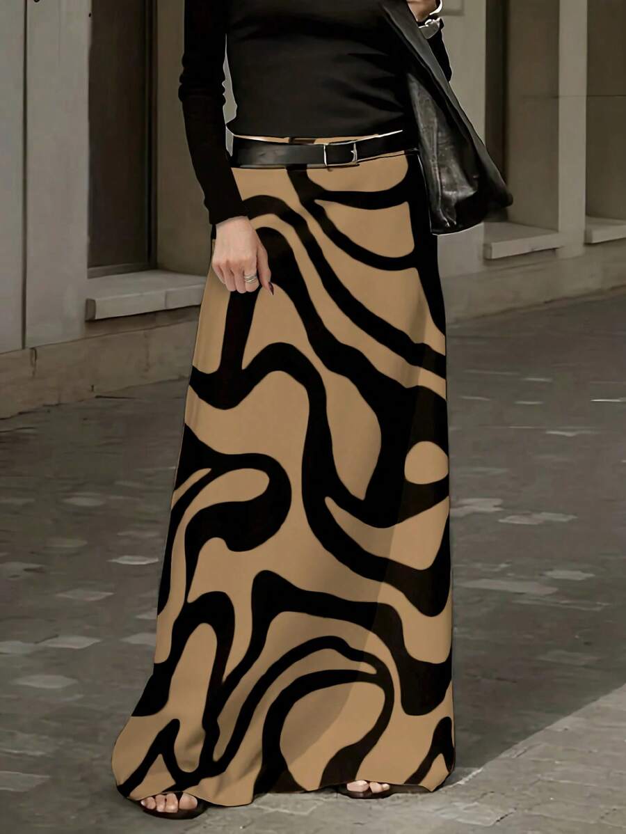 Chiquease 女士优雅斑马纹高腰喇叭 A 字形休闲长裙女装 - 卡其色 - 查看 1