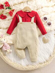 Baby Girl Fashionable Cute Versatile Knitted Suspender Pants And Knitted Top Set - Multicolor - View 1