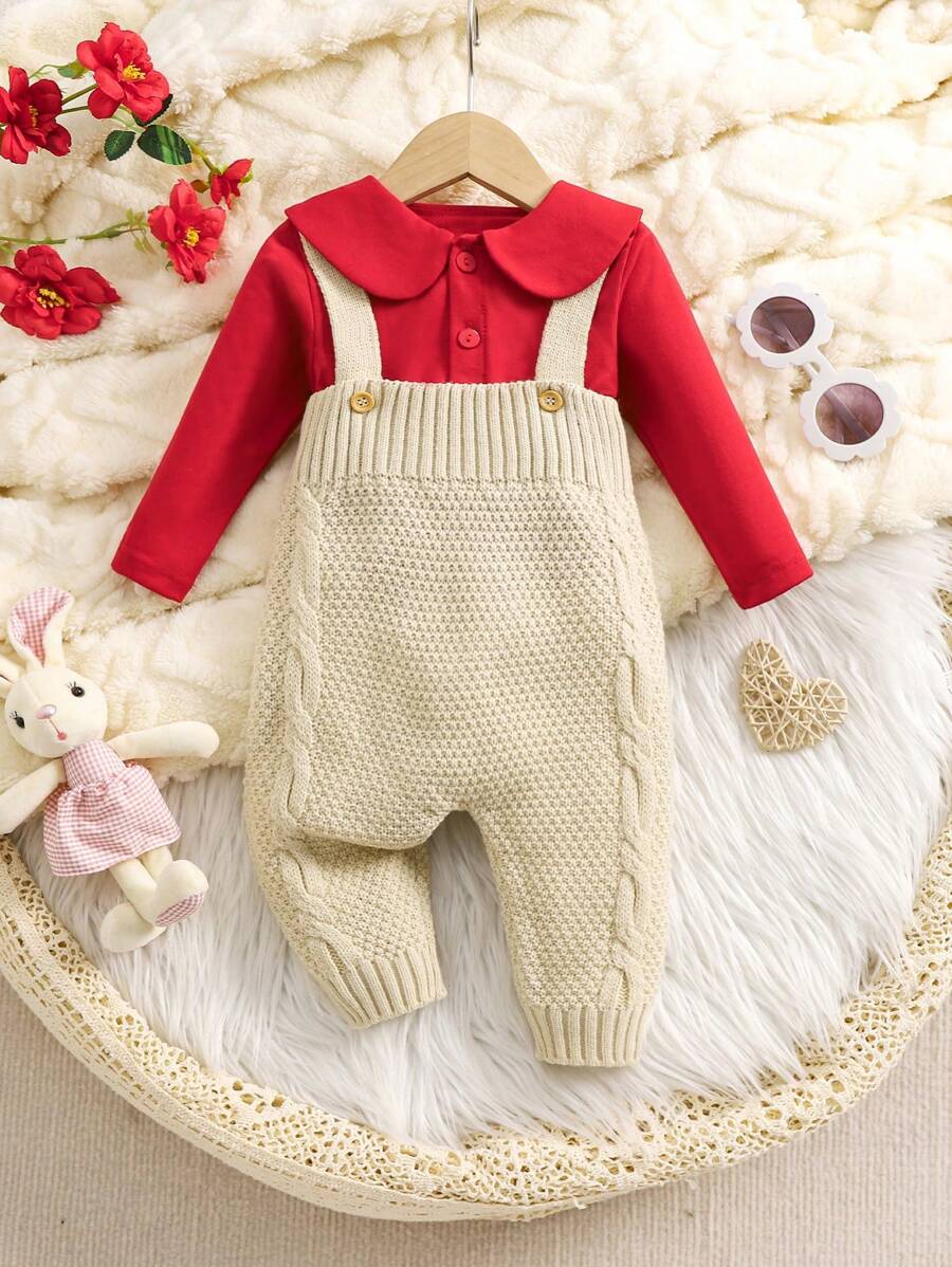 Baby Girl Fashionable Cute Versatile Knitted Suspender Pants And Knitted Top Set - Multicolor - View 1