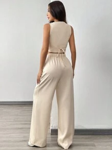 SHEIN EZwear 2 件套女士杏色方领无袖开衫上衣和休闲宽松阔腿裤套装 - 杏色 - 查看 2
