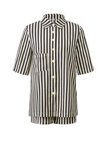 Women's Casual Striped Shirt And Shorts Set, Short Sleeve Top With Shorts, Suitable For Daily Wear, Elegant Ladies Outfit, Summer Holiday Beach Wear - Black - View 4