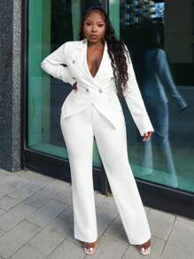 Slaydiva Conjunto de traje de 2 piezas con chaqueta y pantalón de metal blanco con botones, conjunto de atuendo todo blanco curvilíneo - Blanco - Ver 3