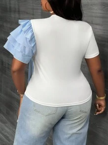 Slaydiva 大码女式白色优雅圆领条纹编织荷叶边袖条纹 3D 花卉装饰修身 T 恤，适合夏季