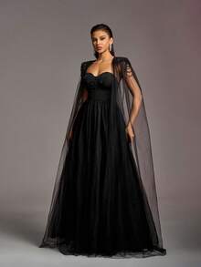 Faeriesty Bride Strapless Women's Wedding Dress With Detachable Tulle Cape, Elegant Lace-Adorned Bodice And Flowing A-Line Skirt. Perfect For Wedding Ceremonies, Bridal Photoshoots, Wedding Receptions, Church Weddings, And Destination Weddings. - Black - View 5