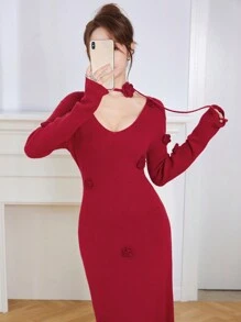 EastFlair 秋冬女士红色 3D 花卉点缀优雅派对圣诞毛衣连衣裙、节日装扮、圣诞礼物指南、派对季节装扮 - 紅色 - 查看 6