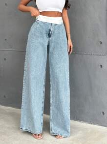 SHEIN Cottnline 100% Cotton ASYMETRIC BUTTON  HIGH WAIST WIDE LEG WOVEN BELT DETAILED - Blue - View 4