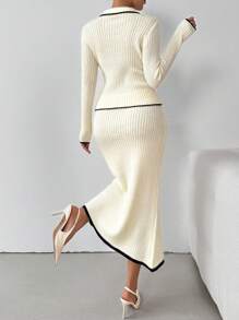 Chiquease 2pcs Women's Long Sleeve Contrast Color Single Breasted Collared Cardigan And Slim A-Line Skirt Set - Multicolor - View 2