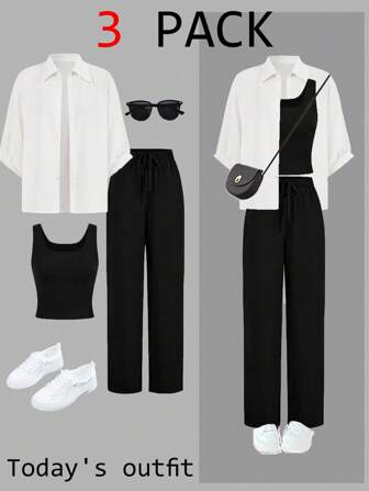 SHEIN LUNE 3pcs/Set Women Autumn Black & White Maillard Suit: Blouse, Blazer And Wide-Leg Pants, 2024 New Fashion Travel Outfit Airport