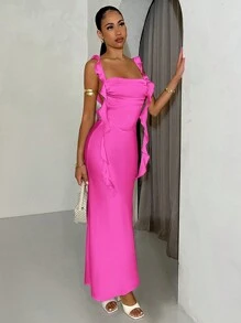 SHEIN BAE Women Summer Spaghetti Strap Backless Swing Dress, Graduation/Wedding Guest Dress