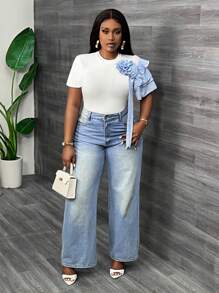 Slaydiva 大码女式白色优雅圆领条纹编织荷叶边袖条纹 3D 花卉装饰修身 T 恤，适合夏季