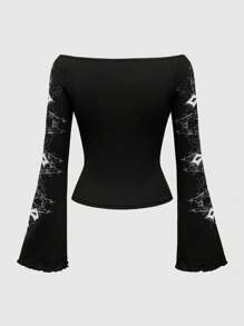 ROMWE Grunge Punk Women's Fashionable Cross Printed Off-Shoulder Flared Sleeve T-Shirt, Spring/Autumn