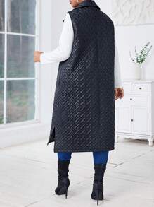 SHEIN Lady 秋冬季优雅黑色编织无袖加斜口袋开衩下摆绗缝背心外套 - 黑色 - 查看 6