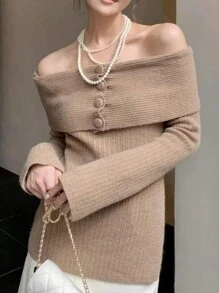INAWLY Women's Solid Color Off-Shoulder Knit Sweater, Knit Pullover Fall Winter - Coffee Brown - View 4