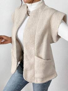 SHEIN Frenchy Áo khoác nữ tay ngắn, túi hở phía trước, nhẹ, đơn giản - Màu be - Xem 3