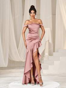Elisanya Off Shoulder Ruched Front Ruffle Trim Formal Party Dress Elegant Prom Evening Wedding Guest Dress, For Graduation, Dinner