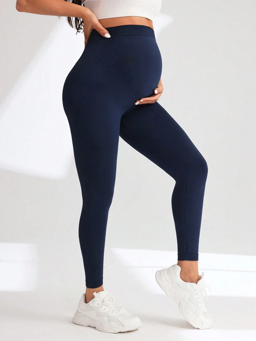 SHEIN Quần legging tập yoga liền mạch đơn giản màu trơn cho bà bầu, thường ngày, dành cho bà bầu - Màu xanh hải quân - Xem 1