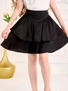 SHEIN Tween Girl Loose Casual Elegant Black Drawstring Waist Flare Hem Midi Skirt - Black - View 4