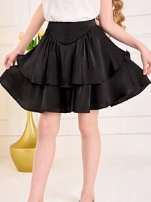 SHEIN Tween Girl Loose Casual Elegant Black Drawstring Waist Flare Hem Midi Skirt - Black - View 5
