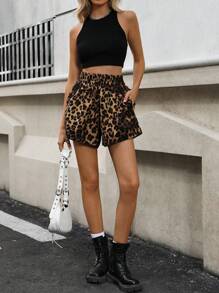 EMERY ROSE Pantalones cortos holgados y casuales con pliegues, bolsillos y estampado de leopardo en línea A - Multicolor - Ver 6