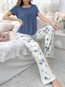 CottageSlumber Bộ đồ ngủ áo thun tay ngắn cổ tròn màu trơn và quần ống đứng in họa tiết toàn thân cho nữ - Màu xanh lam - Xem 6