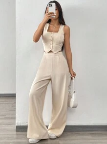SHEIN EZwear 2 件套女士杏色方领无袖开衫上衣和休闲宽松阔腿裤套装 - 杏色 - 查看 5
