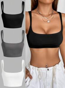 SHEIN EZwear 3件女裝純色基本款短上衣背心，時尚搭配必備