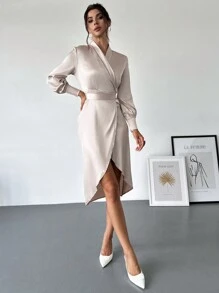 SHEIN Privé Women's Elegant Commute Cocktail Dress With Lapel, Belt, Slit, Long Sleeve, Mid-Length Fall Cloth For Women - Apricot - View 4
