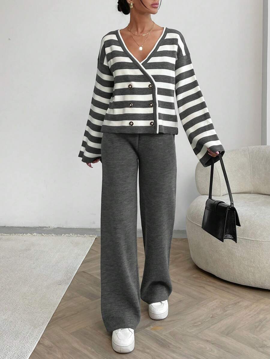 EURMUSE Women Stripe Pattern Front Button V-Neck Drop Shoulder Cardigan & Sweater Pants Set - Grey - View 1